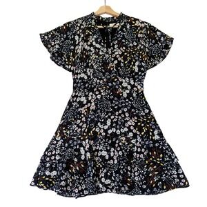 Parker Womens Floral V-Neck Flutter Sleeve Tiered Mini Dress Black Small